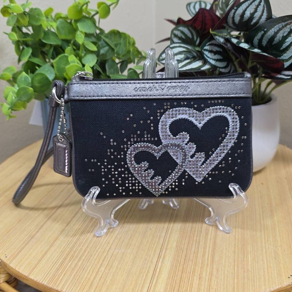 Coach Poppy Black Rhinestone Double Heart Wristlet Silver Metallic Rare Y2K with